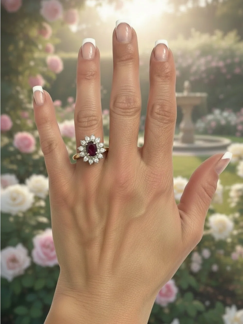 Vintage Style Ruby Red & CZ Sunburst Cocktail Ring